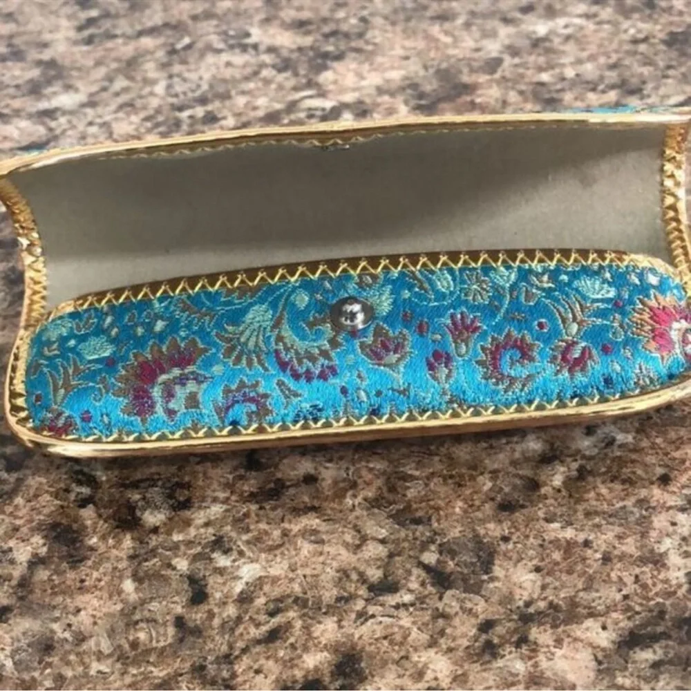 Vintage Turquoise Blue and Gold Paisley Eyeglass Case